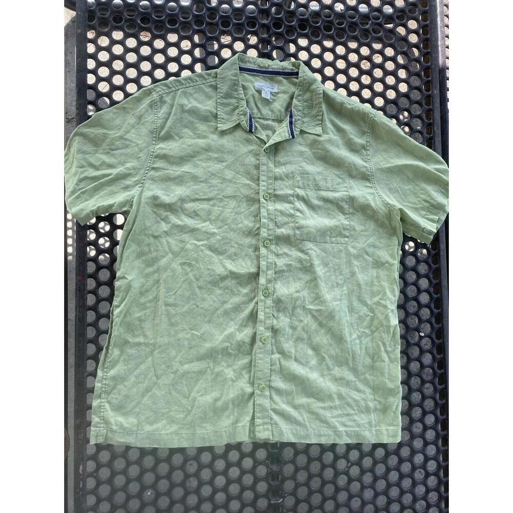Sun Stone Button Up Men XL Green Linen Blend Collared Shirt Beach Tropic Natural